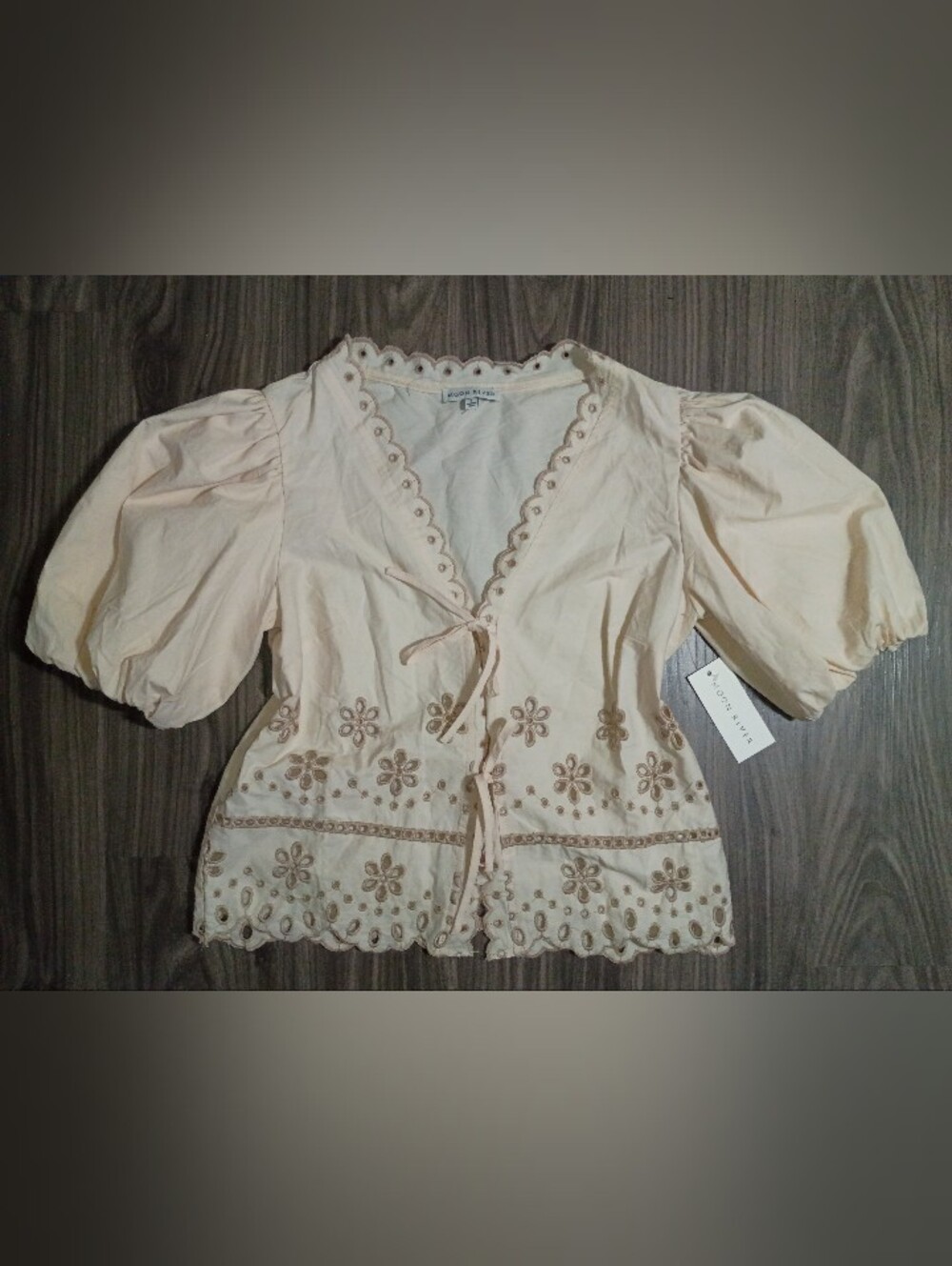 Moon River Cream Embroidered Tie-Front Top